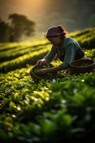 A woman harvests tea leaves at a tea plantation